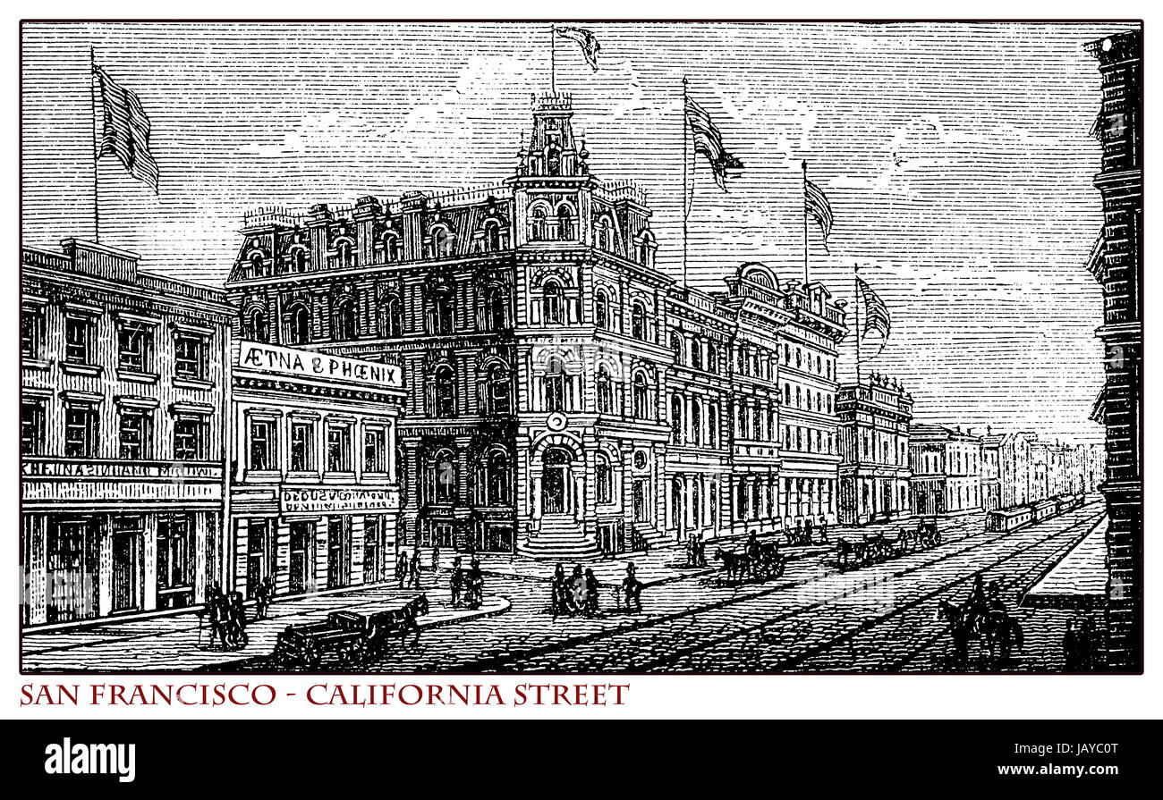 Kalifornien, San Francisco Kalifornien Straße, Kupferstich aus dem Jahr 1873 vor dem Erdbeben 1906, das mehr als 80 % der Stadt zerstört Stockfoto