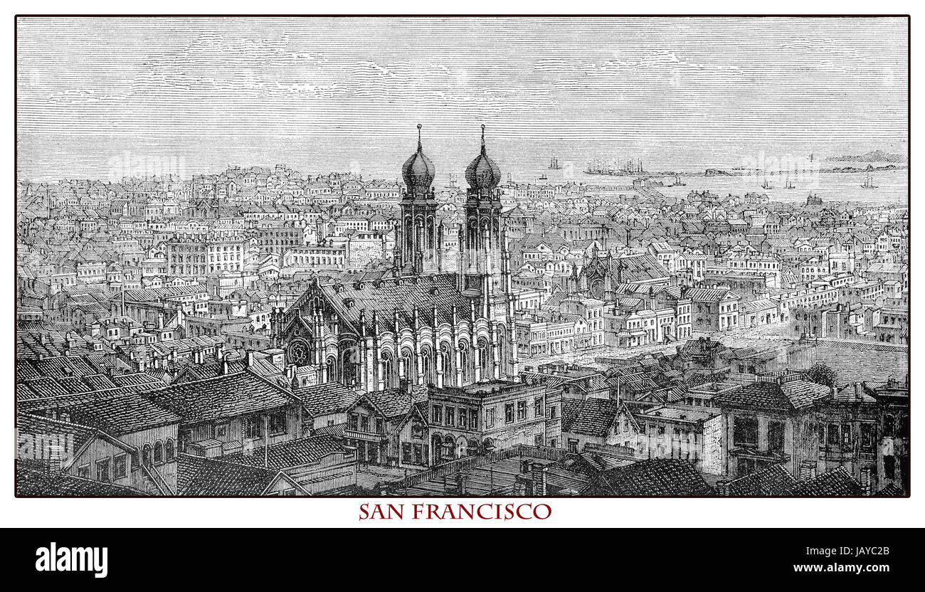 Kalifornien, Panoramablick über San Francisco, Kupferstich aus dem Jahr 1873 vor dem Erdbeben 1906, das mehr als 80 % der Stadt zerstört Stockfoto