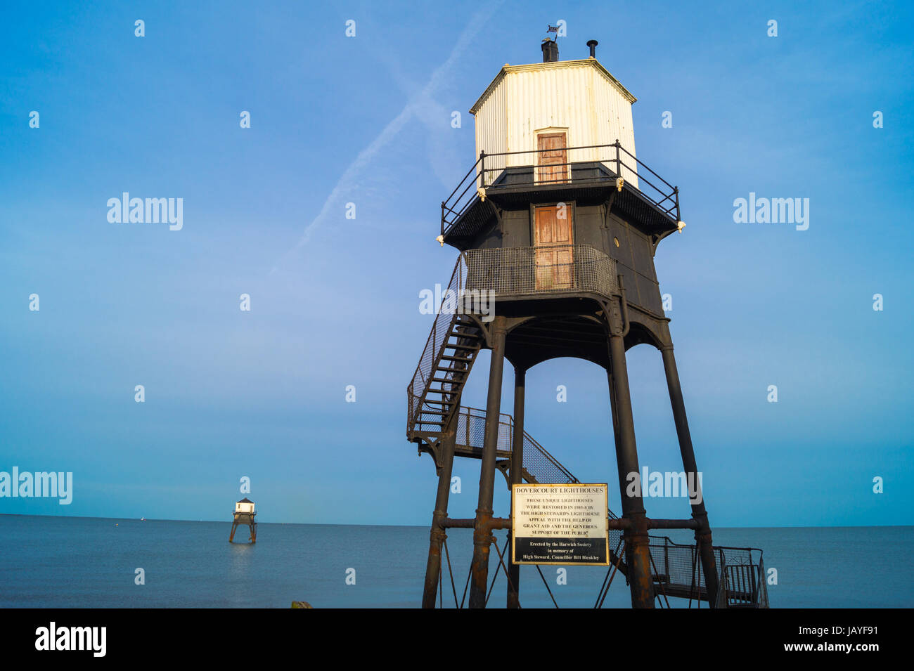 Dovercourt führenden Lichter Leuchttürme, errichtet von Trinity House, 1863, Harwich Essex England Stockfoto