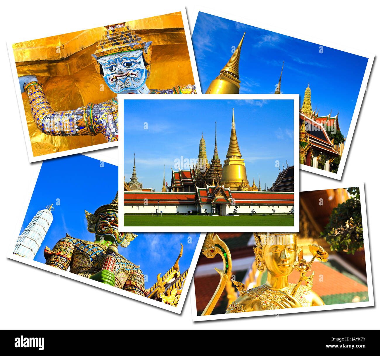 Collage von Wat Phra Kaew Grand Palace, Bangkok, Thailand-Postkarten isoliert auf weißem Hintergrund Stockfoto