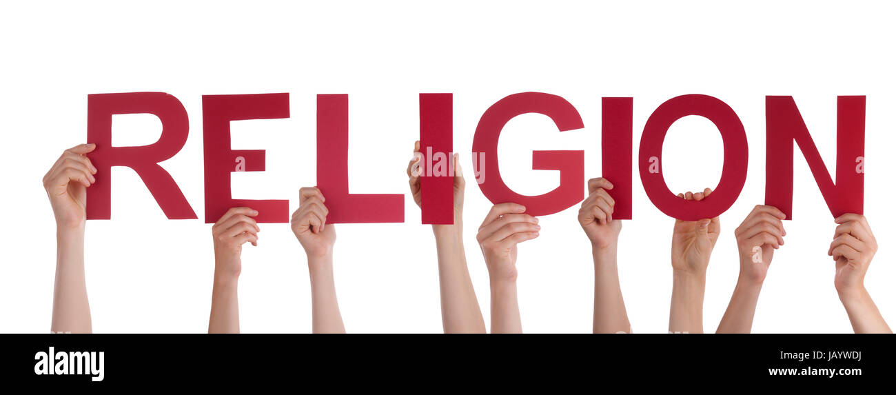 Viele Leute halten das Wort Religion, isoliert Stockfoto