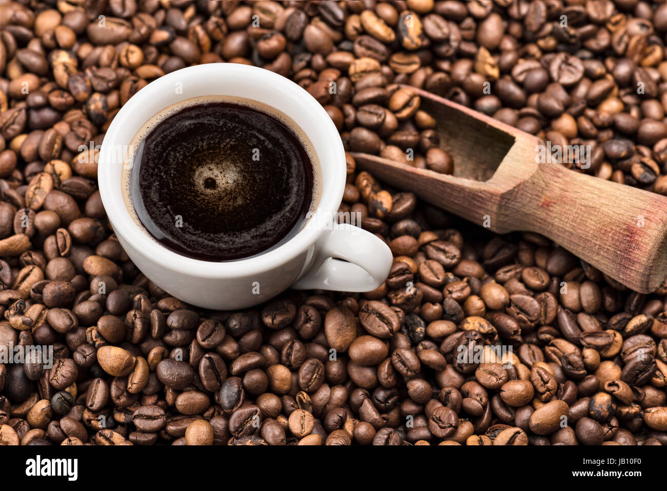 Tasse Kaffee auf gerösteten Kaffeebohnen mit hölzernen Schaufel. Stockfoto