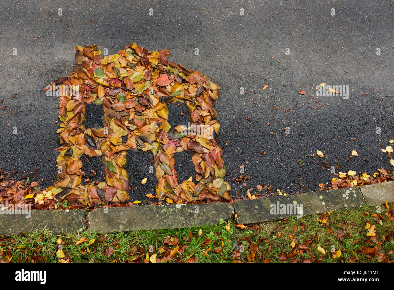 Haus-Symbol gemacht von Autumn leaves Stockfoto