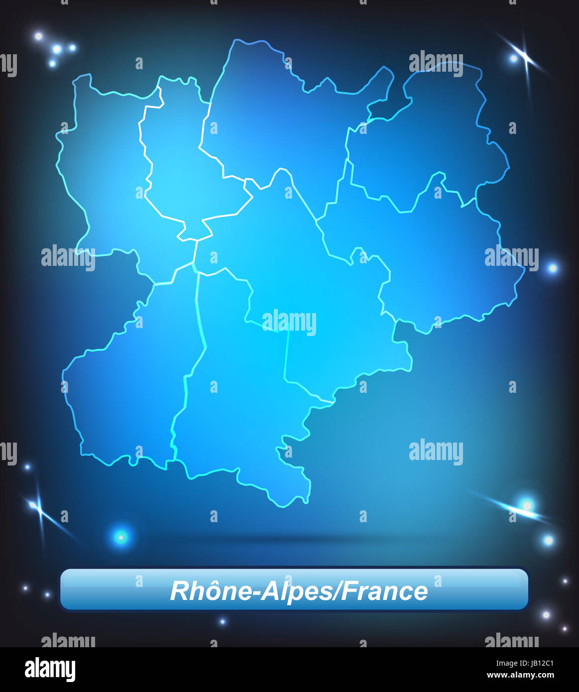 Rhrône-Alpes in Frankreich als Grenzkarte Mit Grenzen als Leuchtende Karte. Durch Die Ansprechende Gestaltung Fügt Sich Die Karte Perfekt in Ihr Vorhaben Ein. Stockfoto