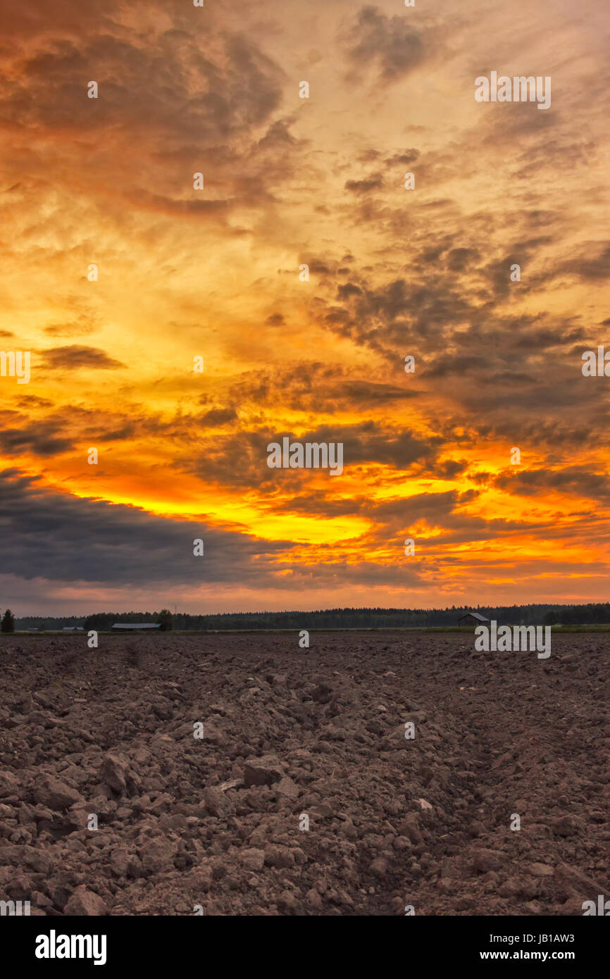 Den dramatischen Himmel der Mittsommer-Nacht unter dem gepflügtes Feld im Norden Finnlands. Stockfoto