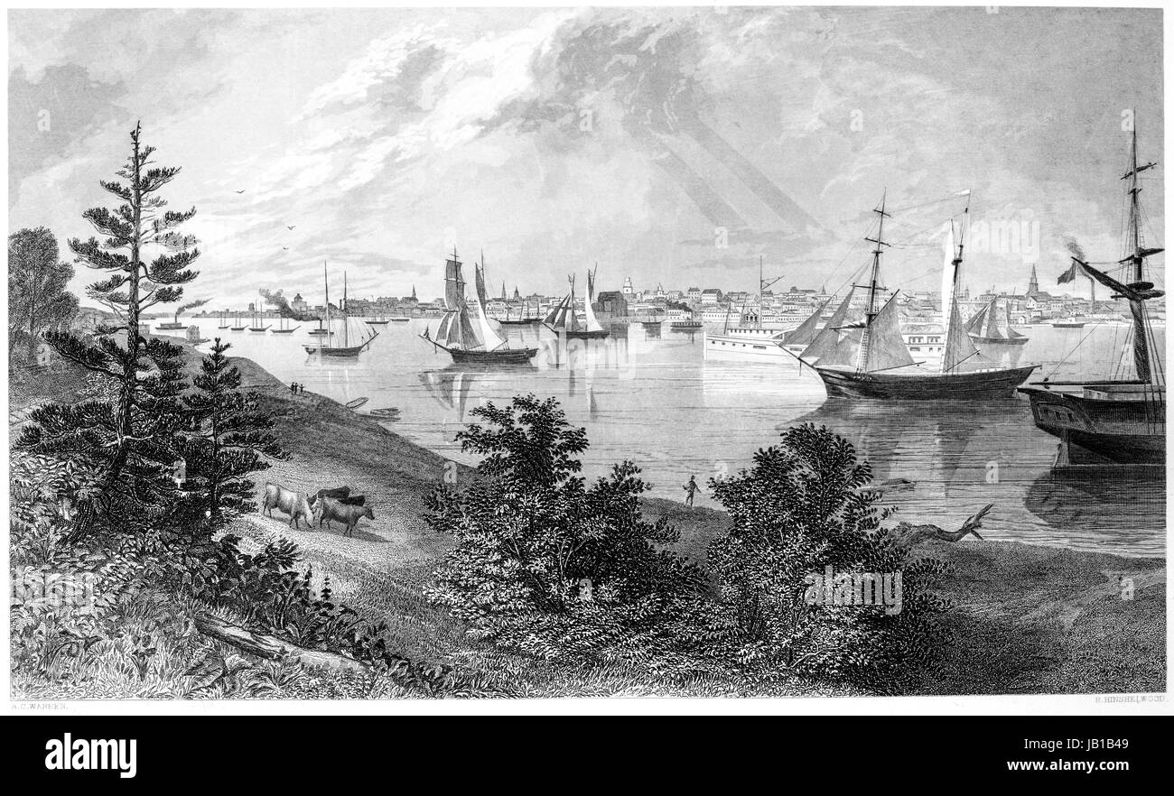 Eine Gravur der Stadt Detroit aus Kanada Ufer mit hoher Auflösung aus einem Buch gescannt gedruckt im Jahre 1872.  Kostenlos copyright geglaubt. Stockfoto