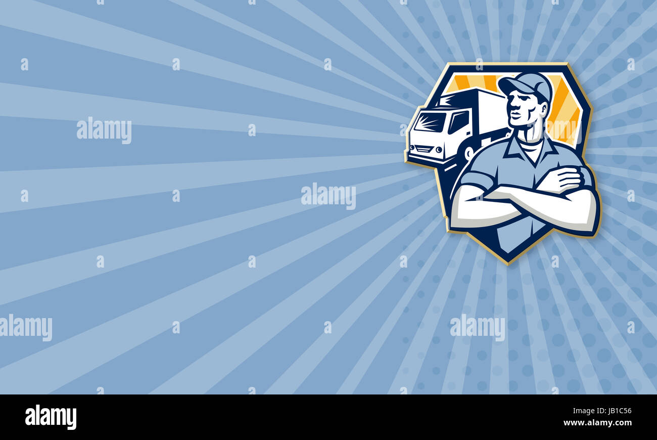 Visitenkarte Vorlage Illustration einer Entfernung Mann Lieferung Kerl mit beweglichen LKW van im Hintergrund im inneren Halbkreis im retro-Stil gemacht. Stockfoto