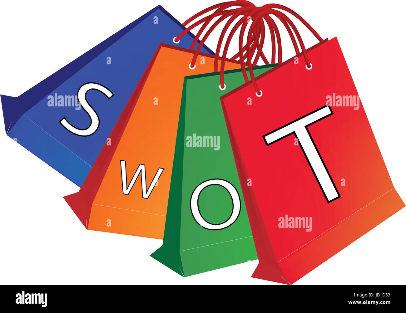Papiertragetaschen mit SWOT-Analyse-Matrix A strukturierte Planung Methode für die stärken, Schwächen, Chancen und Risiken beteiligt B zu bewerten Stock Vektor