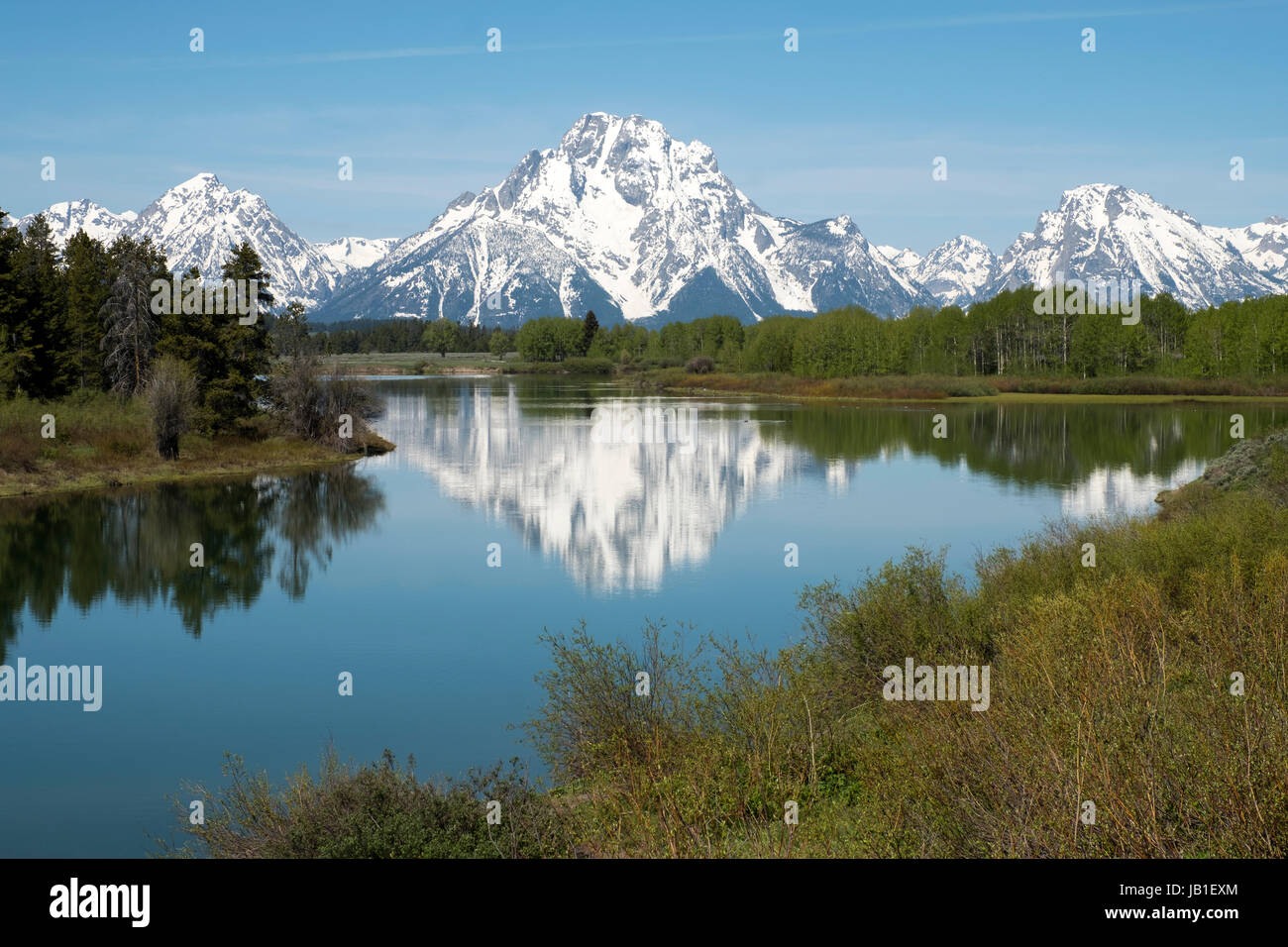 Mount Moran in der Teton Range, wie gesehen von Oxbow Bend am Snake River in Grand Teton Nationalpark Wyoming USA Stockfoto