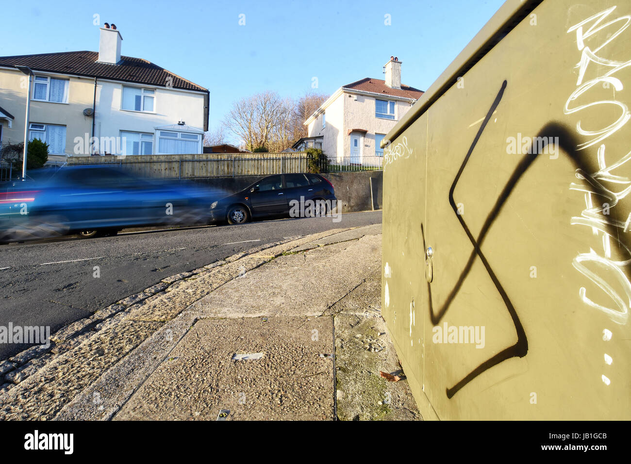 Hakenkreuz-Graffiti in Plymouth, Devon, Uk Stockfoto