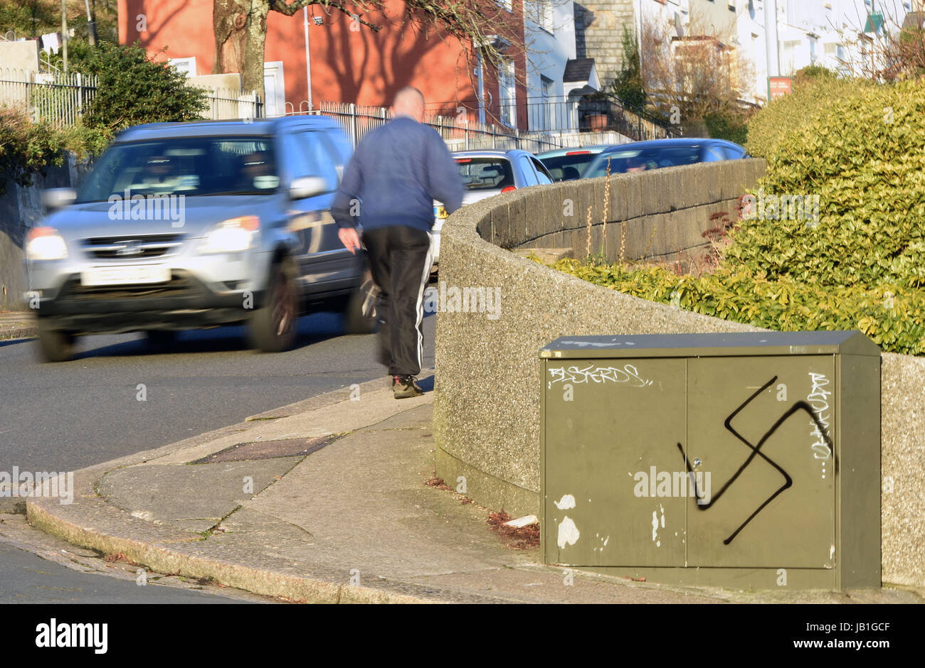 Hakenkreuz-Graffiti in Plymouth, Devon, Uk Stockfoto