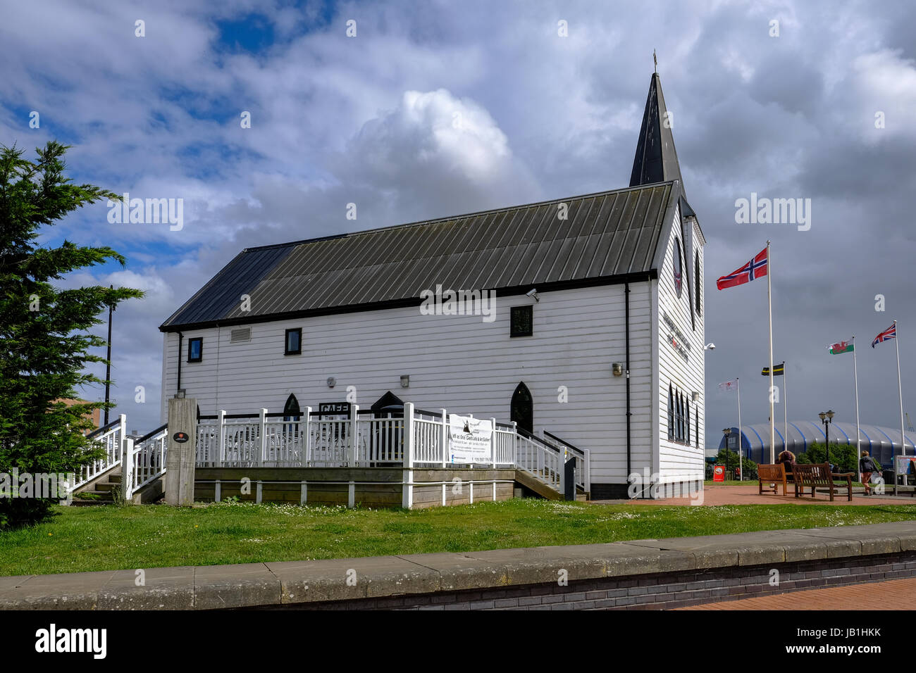 Bucht von Cardiff, Cardiff, Wales - 20. Mai 2017: Norwegische Kirche und Kunst-Zentrum mit Café. Stockfoto