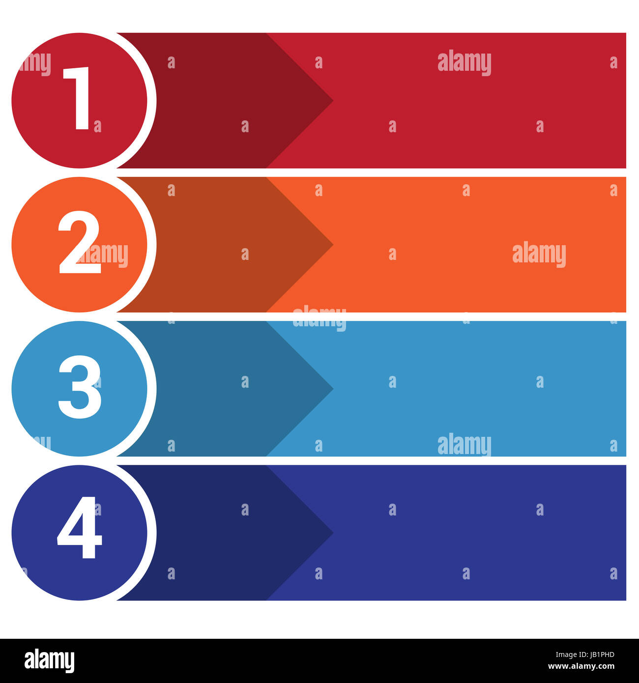 Vorlage-Infografik, die nummerierte bunte horizontale Streifen, Pfeile Punkte Bereich für Text vier Positionen. Stockfoto