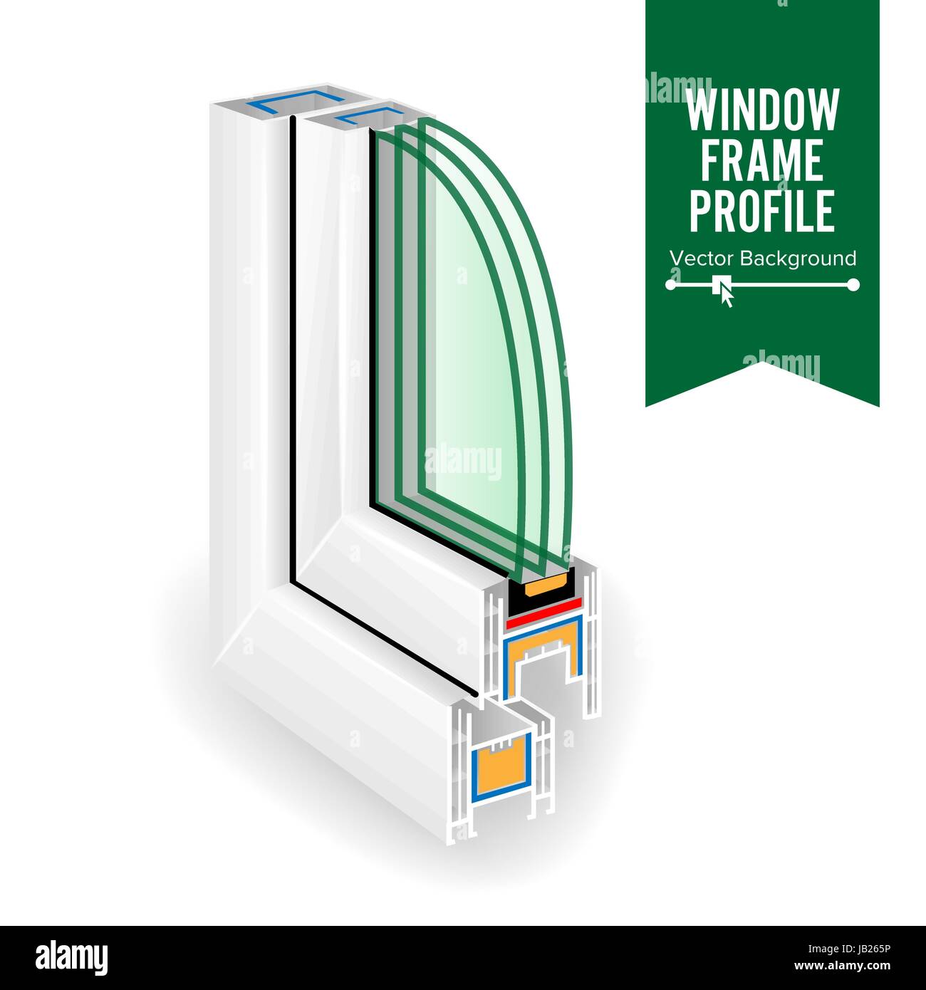 Kunststoff-Fenster-Rahmenprofil. Energie effiziente Fenster Querschnitt. Drei transparente Glas. Vektor Stock Vektor