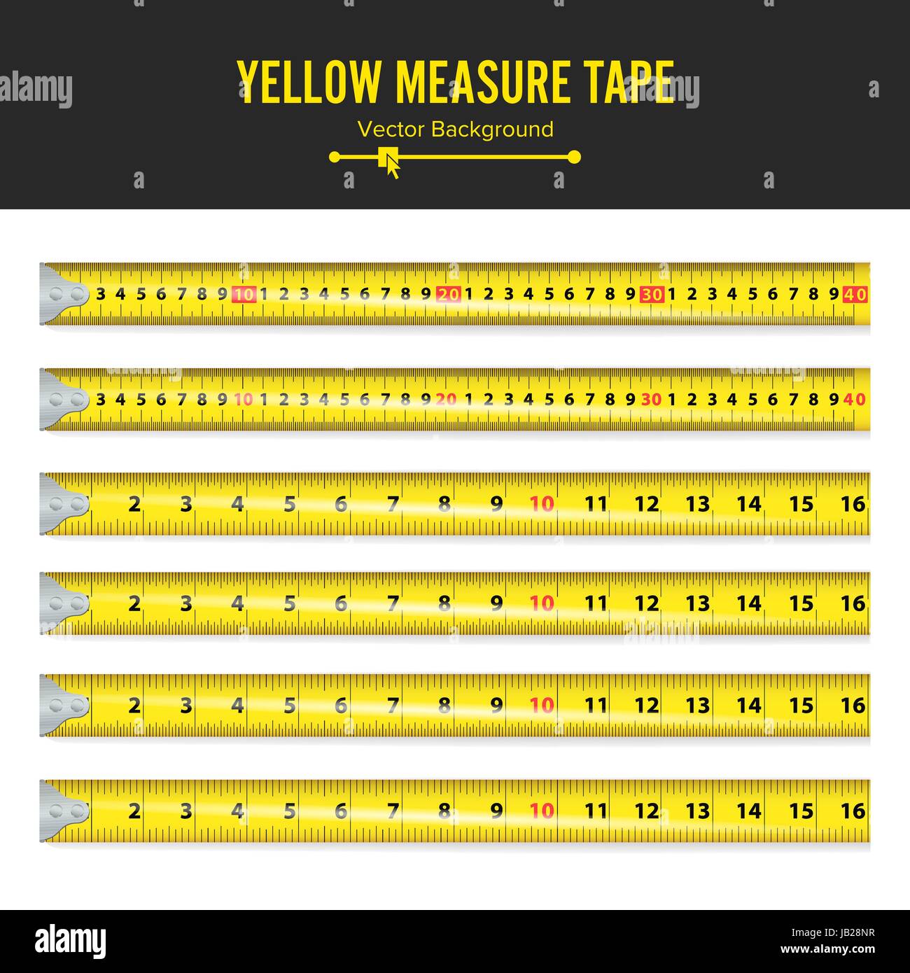 Gelbe Maßnahme Tape-Vektor-Illustration. Maßnahme Werkzeugausrüstung In Zoll. Mehrere Varianten, Proportional skaliert. Stock Vektor