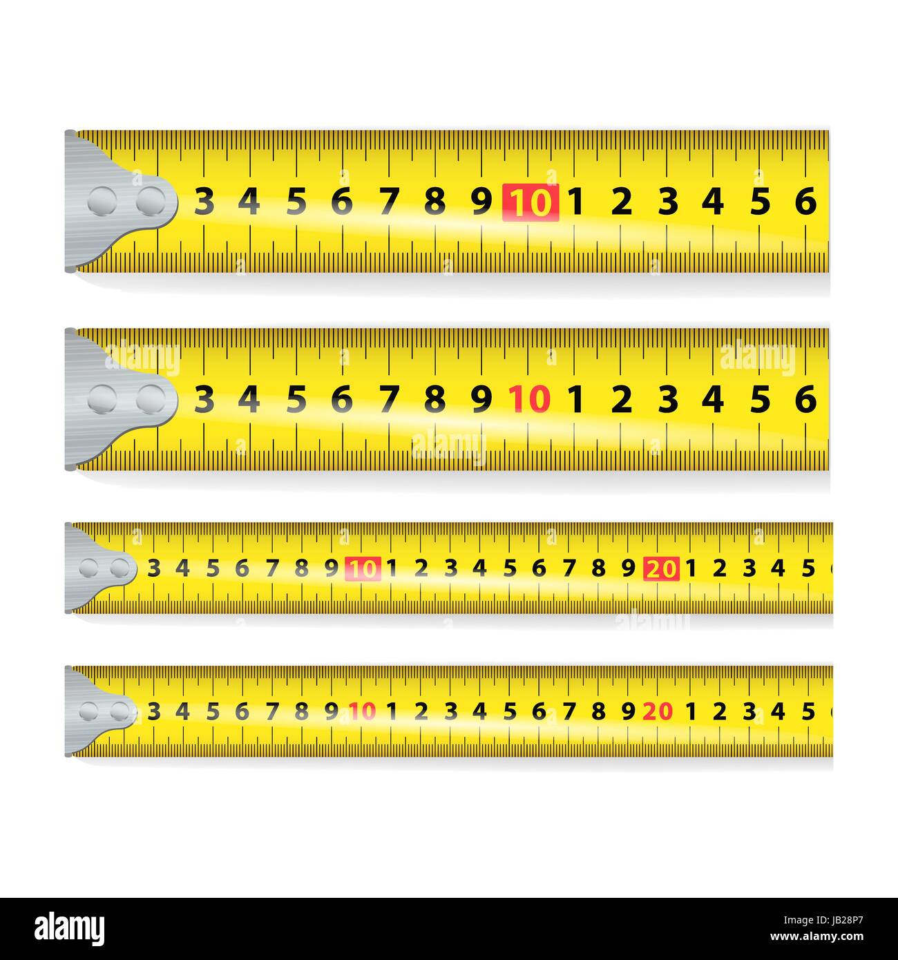 Gelbe Maßnahme Tape-Vektor-Illustration. Maßnahme Werkzeugausrüstung In Zentimetern. Mehrere Varianten, Proportional skaliert. Stock Vektor