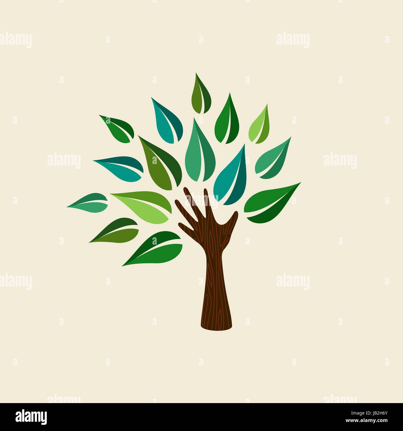Hand-Baum-Symbol mit grünen Blättern. Konzept-Illustration für Umwelt-Pflege oder Natur-Help-Projekt. EPS10 Vektor. Stock Vektor