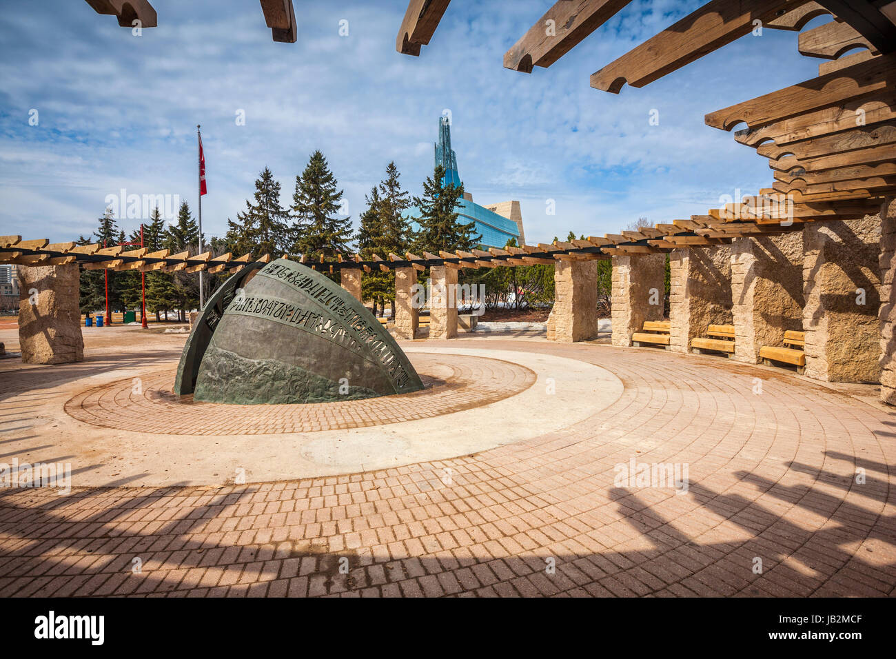 Der Pfad der Zeit Skulptur, Orientierung Kreis, der Gabeln National Historic Site in Winnipeg, Manitoba, Kanada. Stockfoto