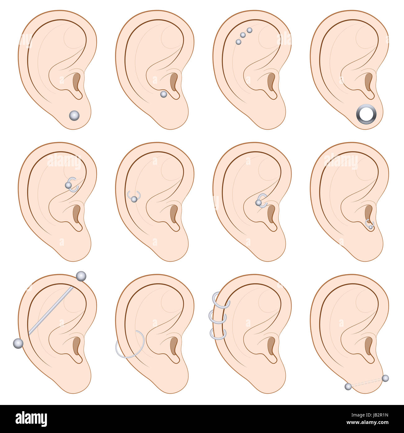 Ohr Piercings Chart - zwölf verschiedene illustrierte Beispiele auf weißem Hintergrund. Stockfoto