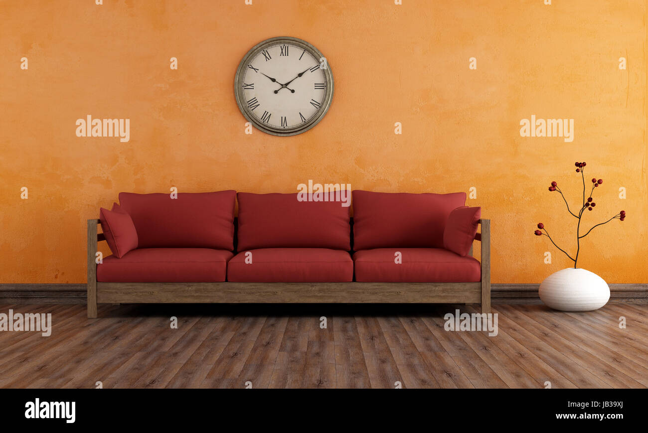 Altes Zimmer mit Holz Couch orange Wand - Rendering Stockfoto