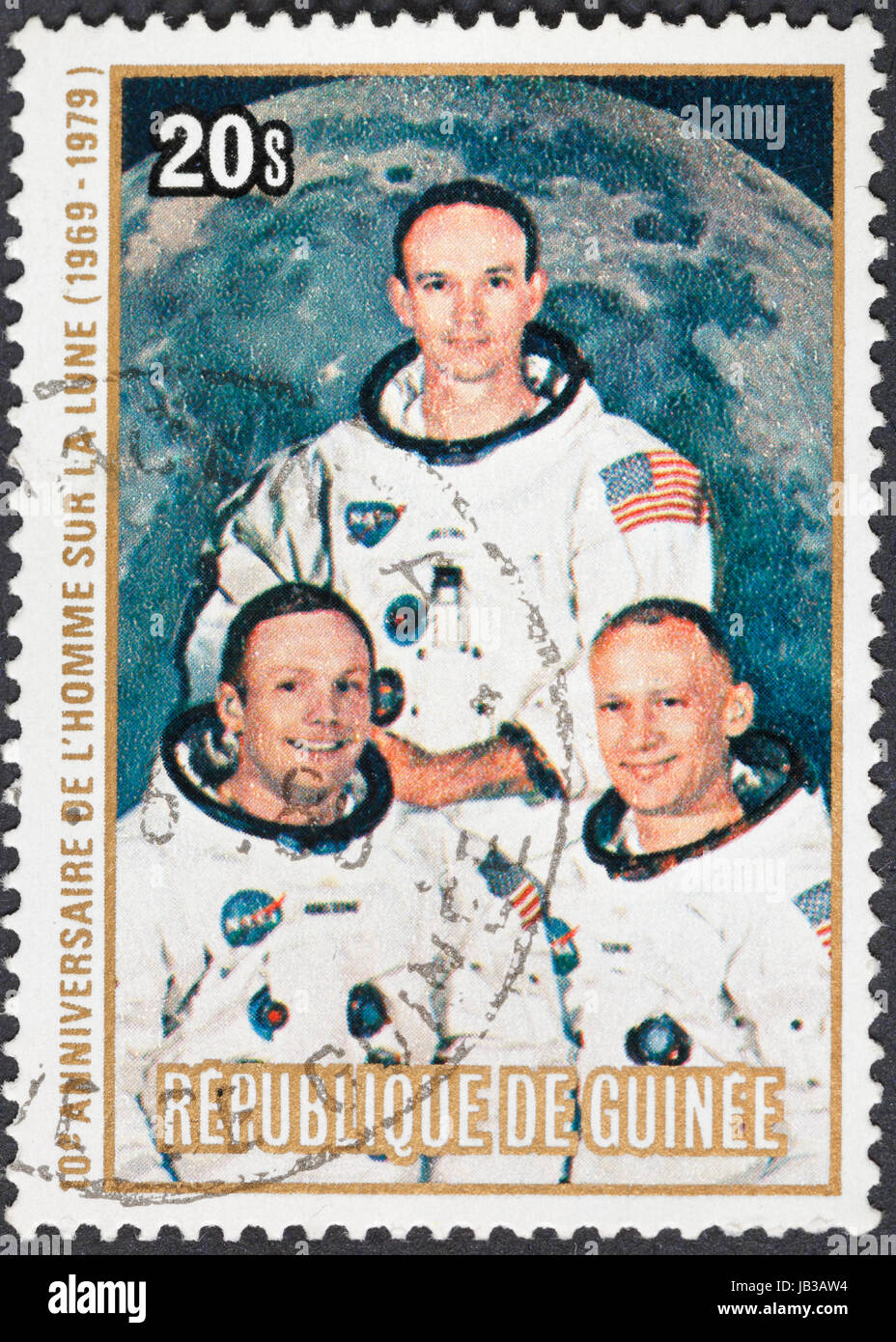 Republik GUINEA - ca. 1979: Eine Briefmarke gedruckt in der Republik Guinea zeigt Apollo 11 Mondlandung und der erste Schritt auf der Mondoberfläche - Porträt Armstrong, Collins, Aldrin, ca. 1979 Stockfoto