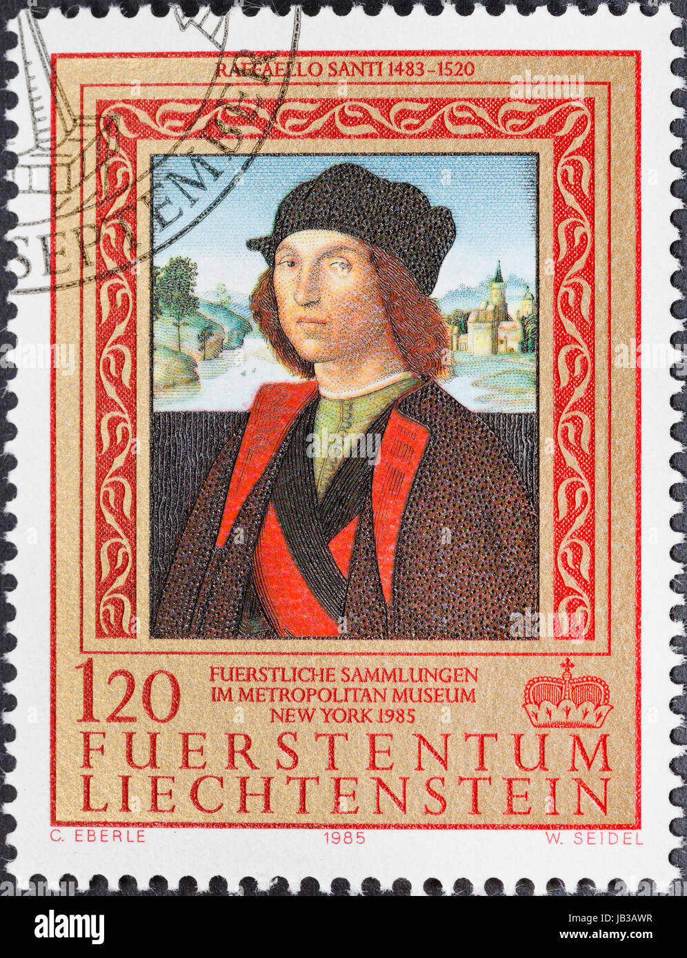 LIECHTENSTEIN - ca. 1985: Eine Briefmarke gedruckt in Liechtenstein zeigt Porträt des Mannes von Raffaello Santi aus Liechtenstein Museum Wien während der Ausstellung im Metropolitan Museum New York, ca. 1985 Stockfoto