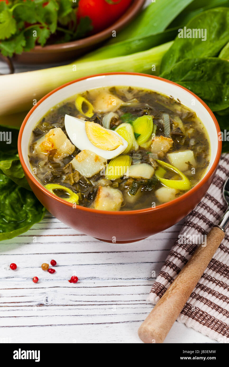 Sommer-Suppe mit Spinat, Kartoffeln und Sauerampfer Stockfoto