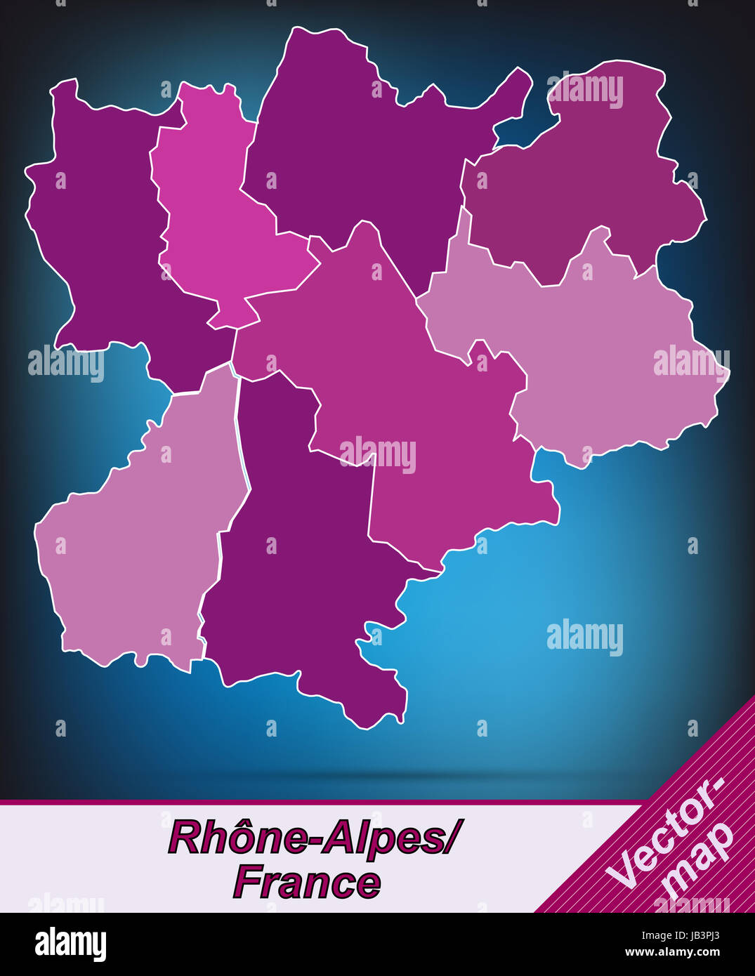 Rhrône-Alpes in Frankreich als Grenzkarte Mit Grenzen in Violett. Durch Die Ansprechende Gestaltung Fügt Sich Die Karte Perfekt in Ihr Vorhaben Ein. Stockfoto