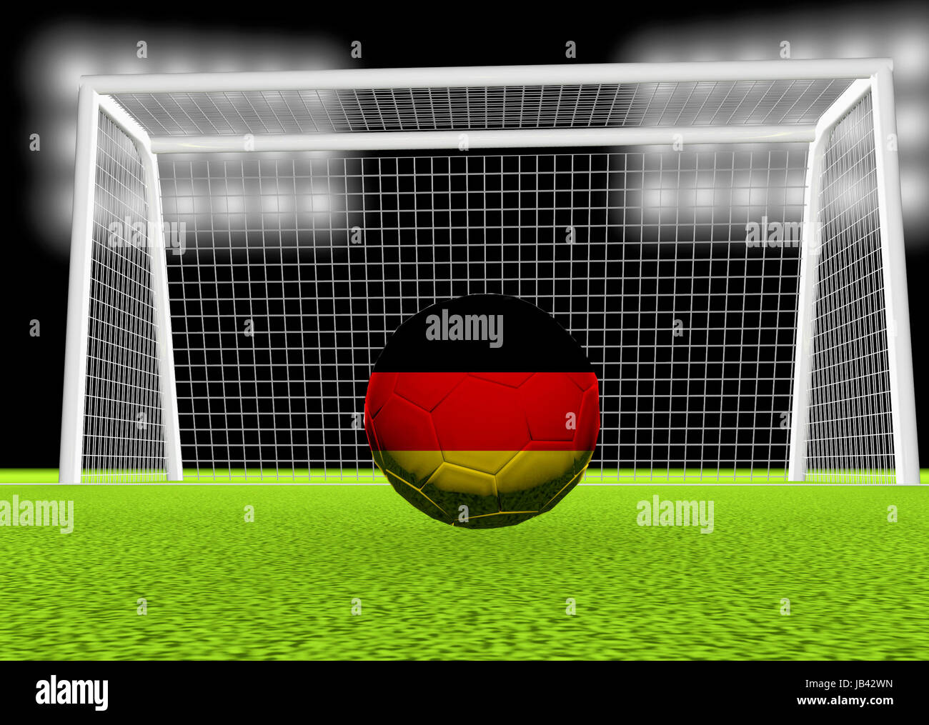 Deutschland-Flagge über Fußball, vor dem Netz, 3d Rendern Stockfoto