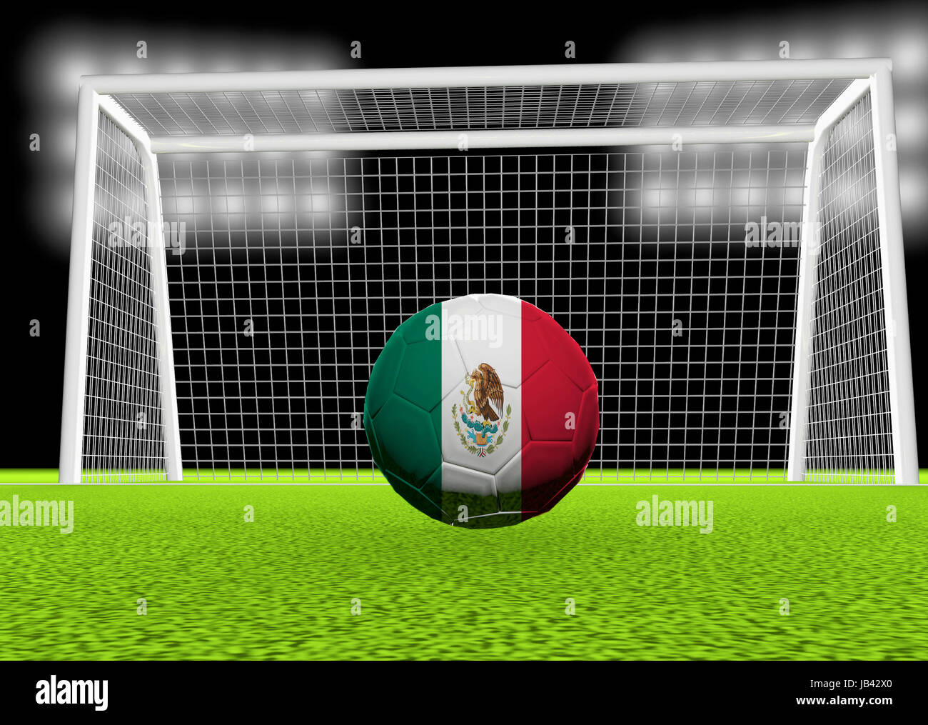 Mexikanische Flagge über Fußball, vor dem Netz, 3d Rendern Stockfoto