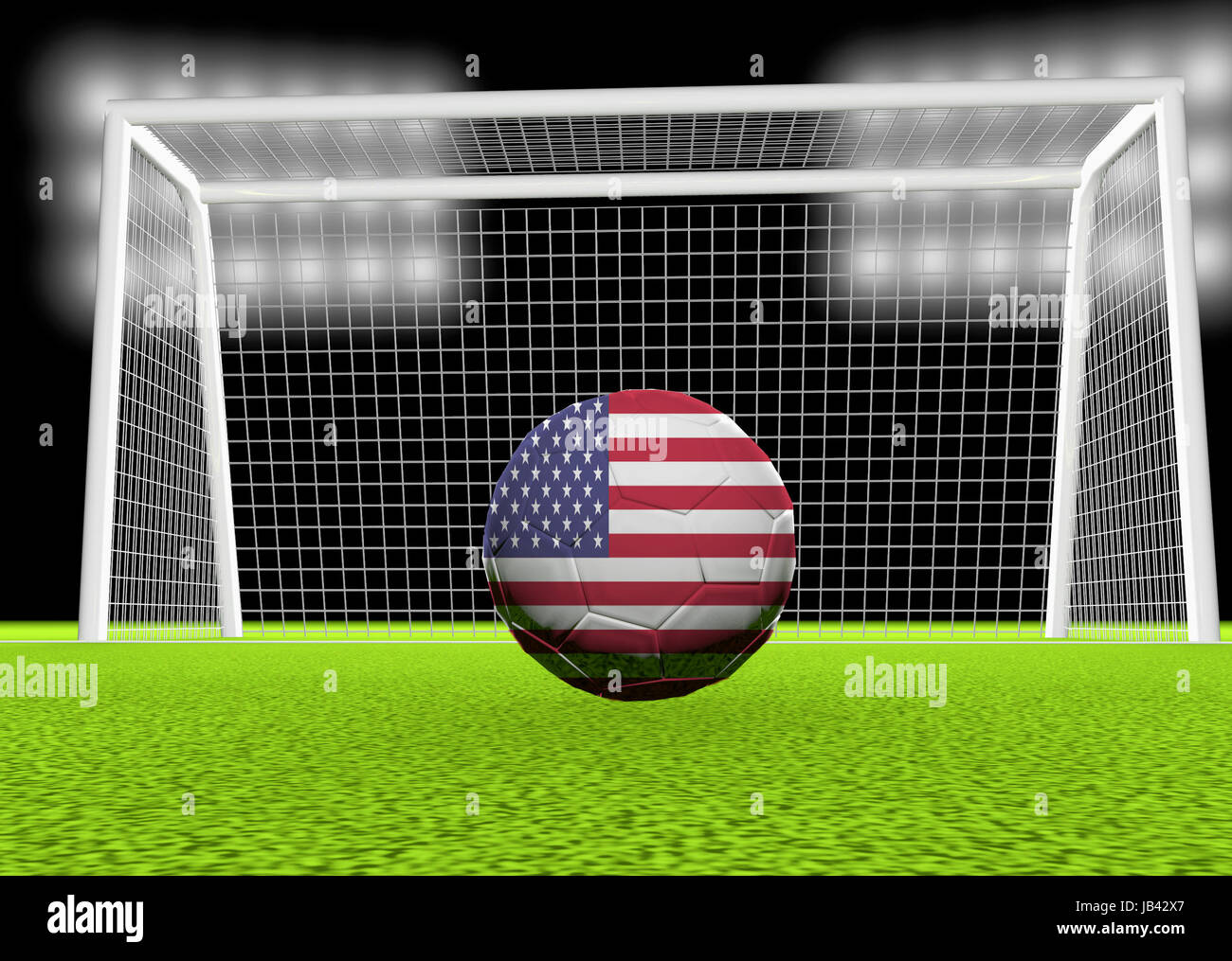 USA-Flagge über Fußball, vor dem Netz, 3d Rendern Stockfoto