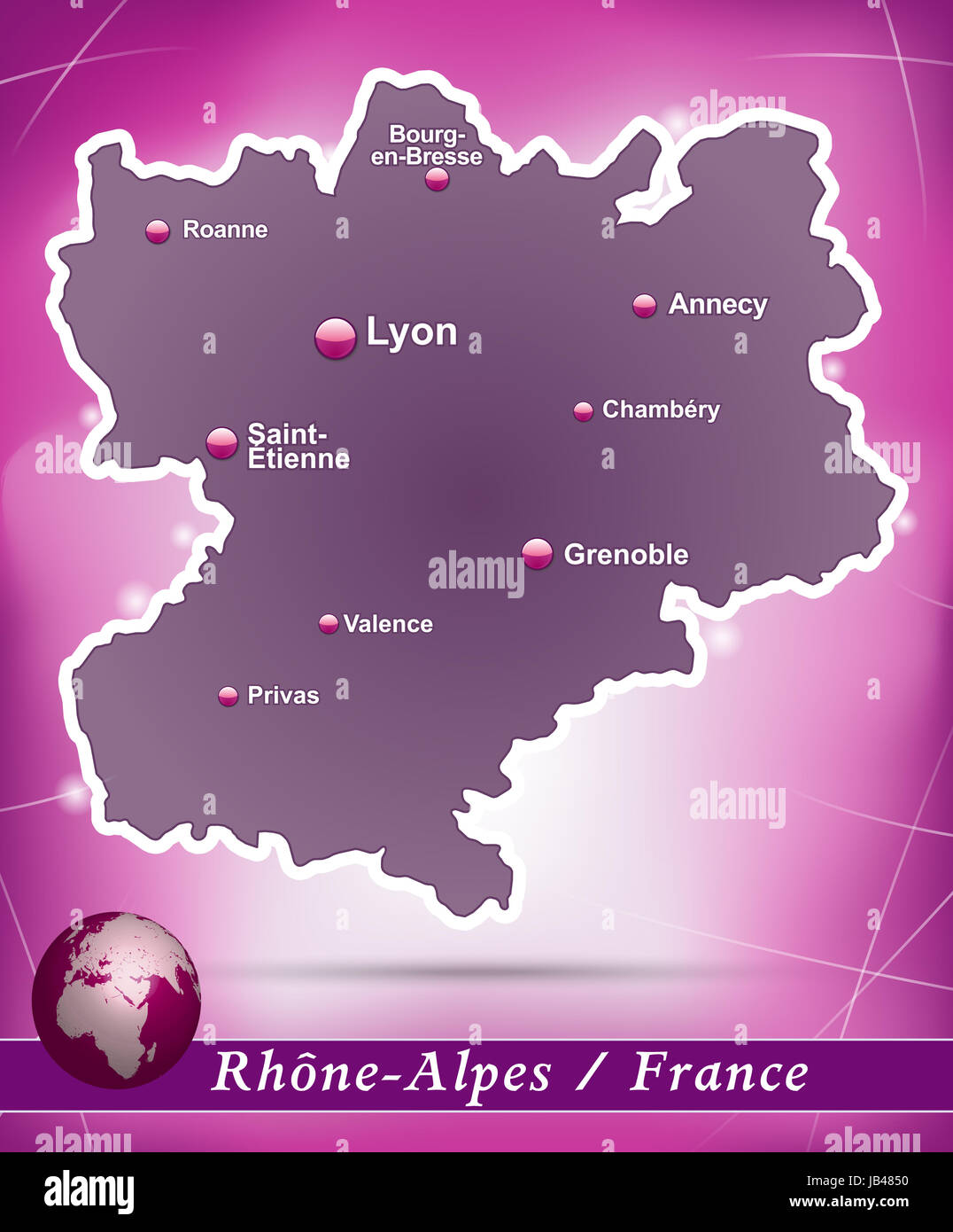 Rhrône-Alpes in Frankreich als Inselkarte Mit Abstraktem Hintergrund in Violett. Durch Die Ansprechende Gestaltung Fügt Sich Die Karte Perfekt in Ihr Vorhaben Ein. Stockfoto