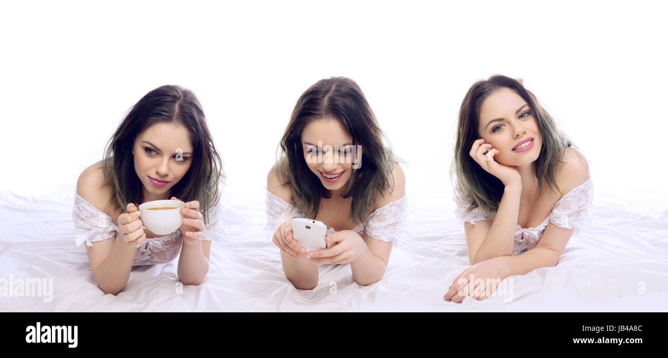 Schöne junge Frau, die entspannend auf ihrem Bett in drei Stellungen, einer Tagträumen mit einem schönen Lächeln, man bei einer Tasse Kaffee und der letzte hält den Kaffee beim Denken Stockfoto