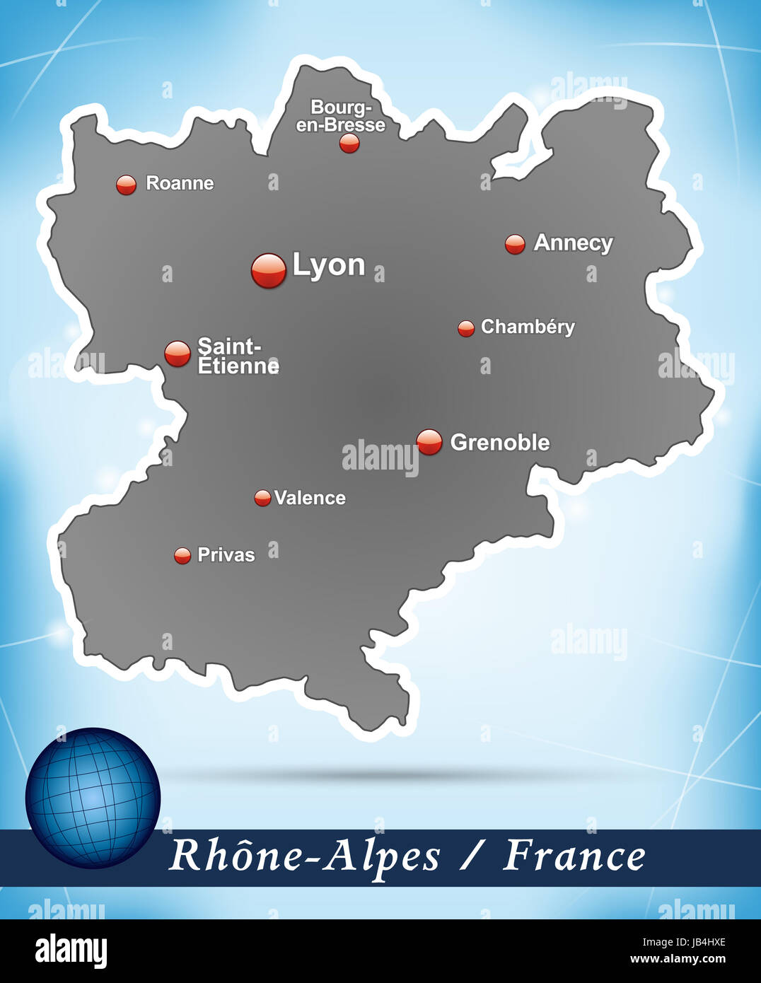 Rhrône-Alpes in Frankreich als Inselkarte Mit Abstraktem Hintergrund in Blau. Durch Die Ansprechende Gestaltung Fügt Sich Die Karte Perfekt in Ihr Vorhaben Ein. Stockfoto