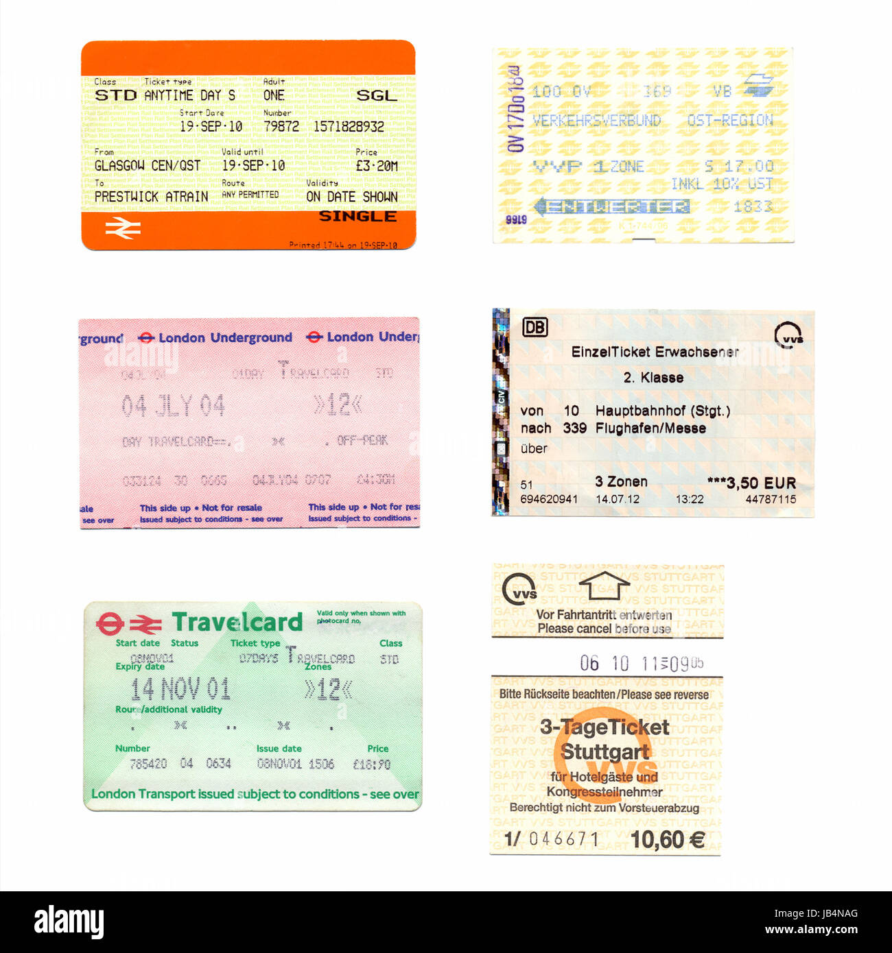 LONDON, UK - 1. Februar 2014: Illustrative redaktionelle britischen und deutschen Fahrkarten für Bahn, Bus und u-Bahn Stockfoto