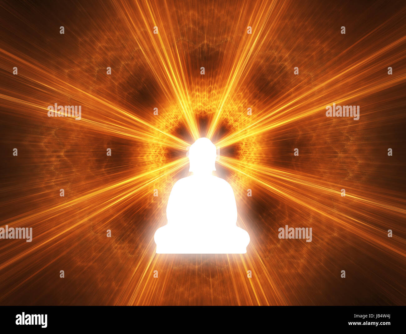 Silhouette eines Buddha mit einem weißen Glanz. Digital erzeugte Bild. Stockfoto