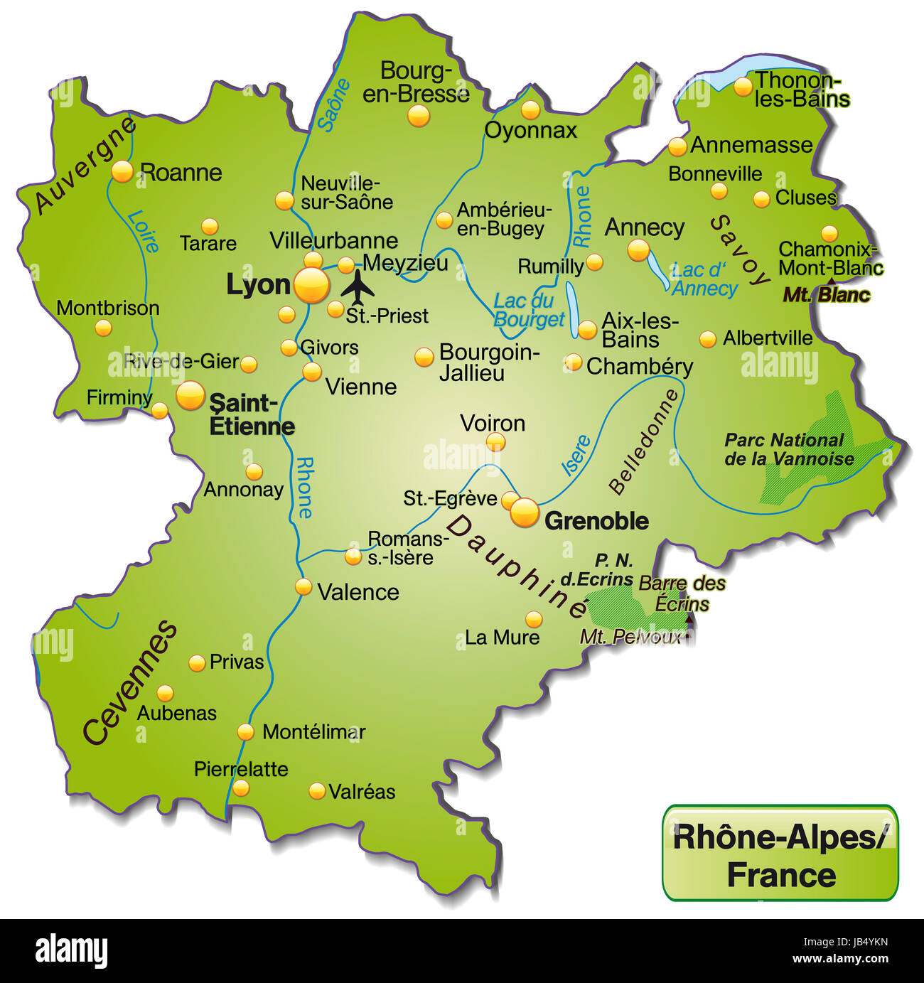 Rhône-Alpes in Frankreich als Inselkarte Mit Allen Wichtigen Topografischen Informationen in Grün. Sterben Sie Karte Kann Sofort Für Ihr Vorhaben Eingesetzt Werden. Stockfoto