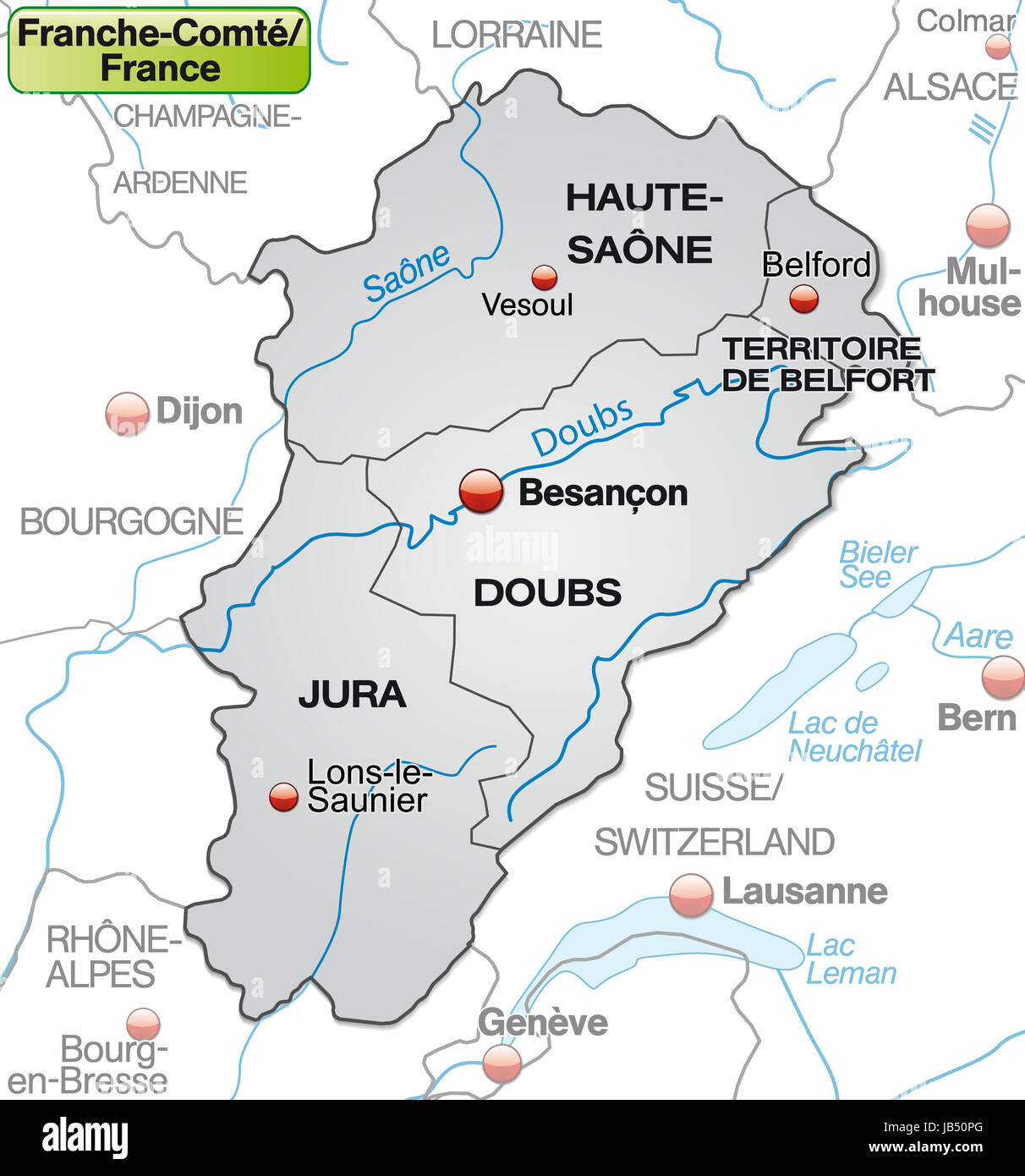 Franche-Comté in Frankreich als Umgebungskarte Mit Nachbarländern Mit Grenzen in Grau. Durch Die Ansprechende Gestaltung Fügt Sich Die Karte Perfekt in Ihr Vorhaben Ein. Stockfoto