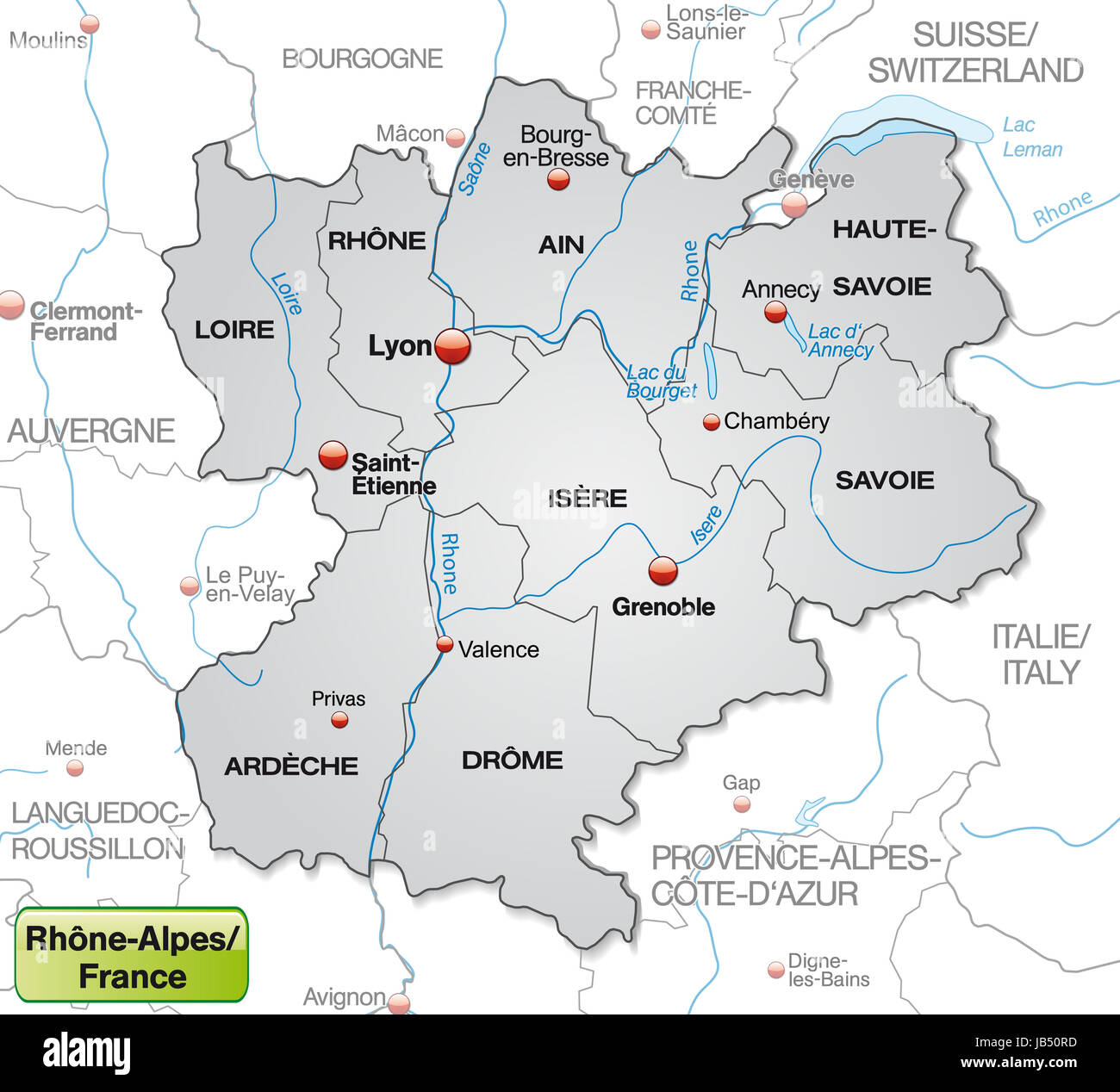 Rhône-Alpes in Frankreich als Umgebungskarte Mit Grenzen in Grau. Sterben Sie Karte Kann Sofort Für Ihr Vorhaben Eingesetzt Werden. Stockfoto