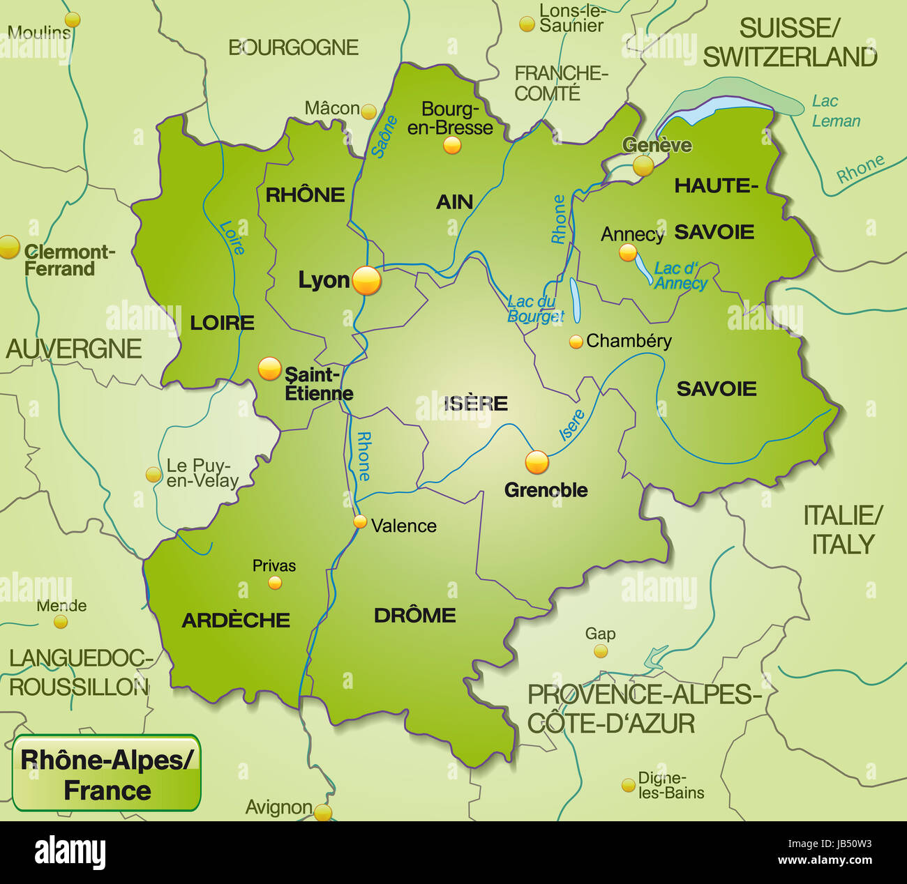 Rhône-Alpes in Frankreich als Umgebungskarte Mit Grenzen in Grün. Sterben Sie Karte Kann Sofort Für Ihr Vorhaben Eingesetzt Werden. Stockfoto