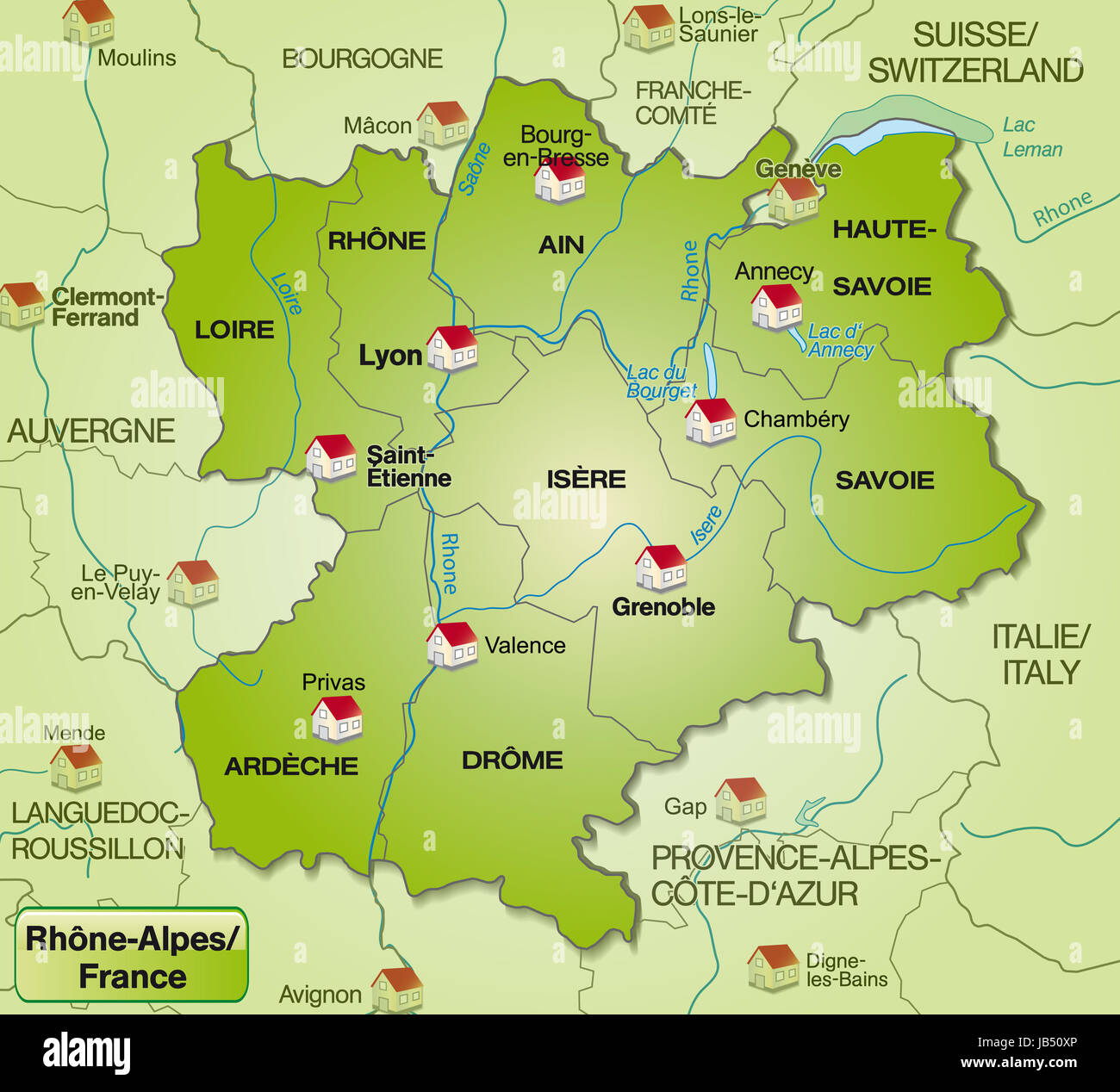 Rhône-Alpes in Frankreich als Umgebungskarte Mit Grenzen. Diese Karte ist Besonders gut Geeignet Für Den Einsatz Im Internet. Sterben Sie Karte Kann Sofort Für Ihr Vorhaben Eingesetzt Werden. Stockfoto