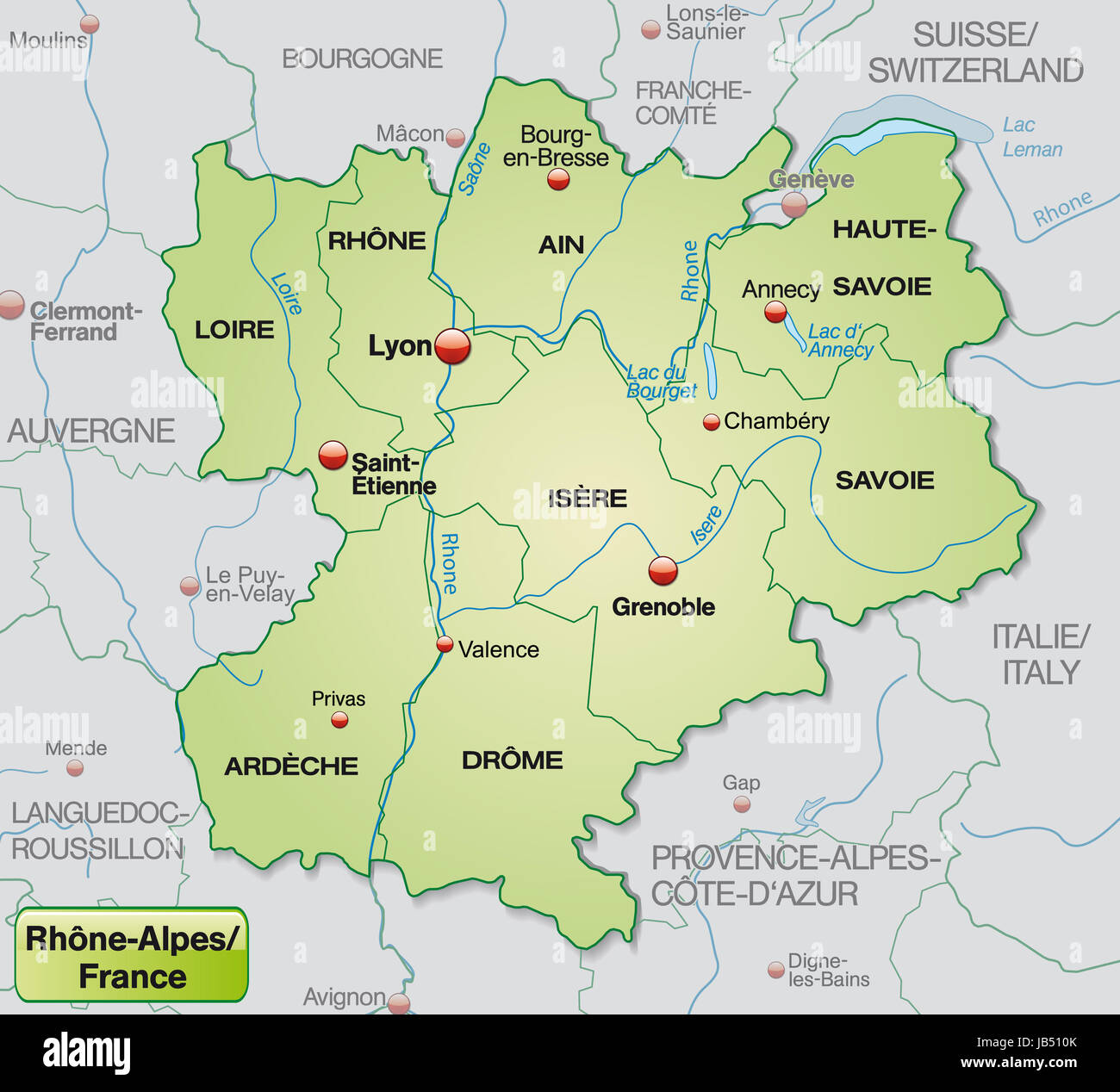 Rhône-Alpes in Frankreich als Umgebungskarte Mit Grenzen in Pastellgrün. Sterben Sie Karte Kann Sofort Für Ihr Vorhaben Eingesetzt Werden. Stockfoto
