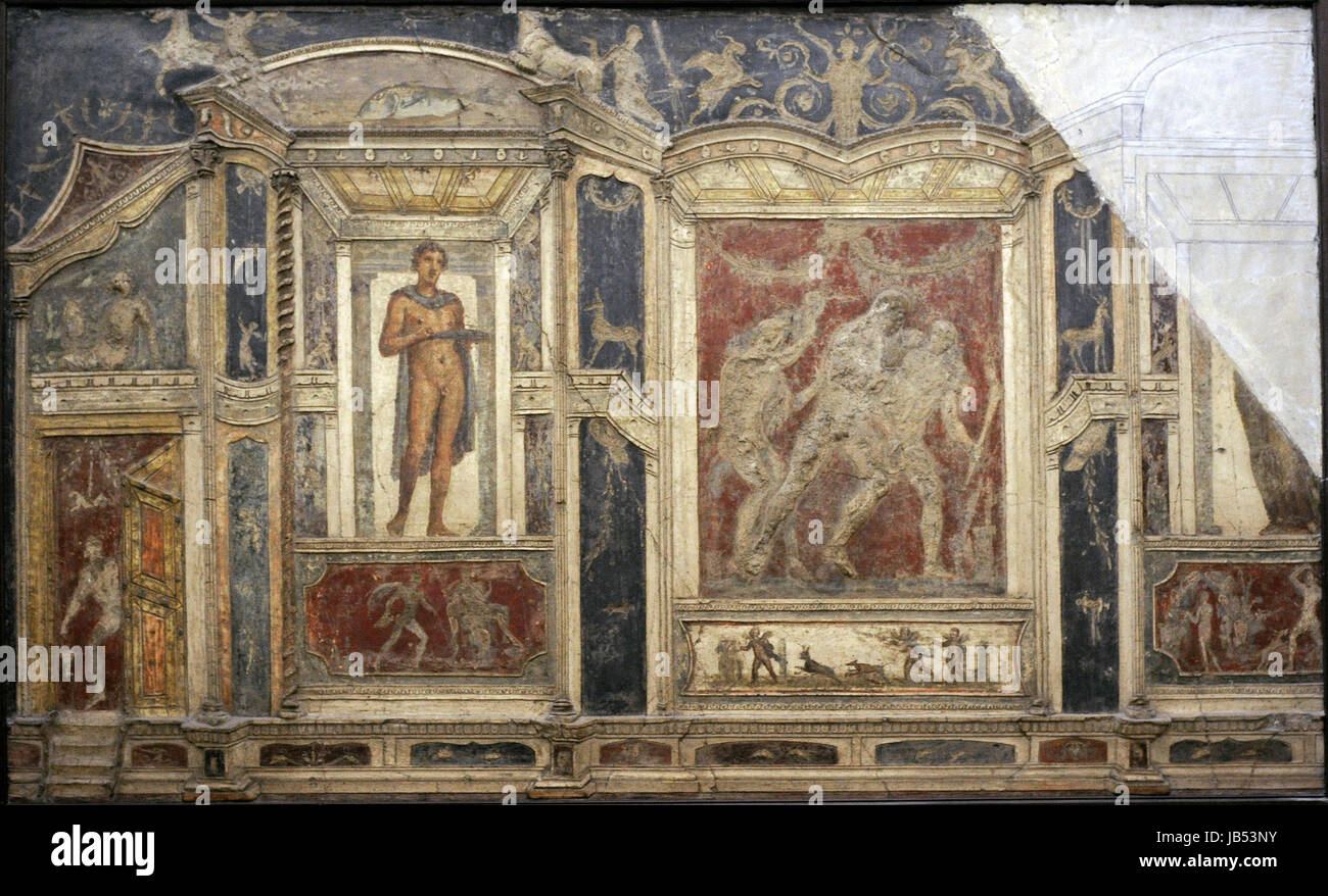 Unter freiem Himmel. Architektonische Ornamente zusammen mit figurativen Bildern der mythologischen. Pompeji, Italien. Nationales Archäologisches Museum. Neapel. Italien. Stockfoto
