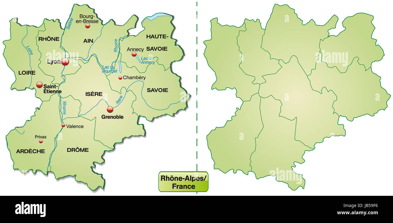 Rhône-Alpes in Frankreich als Inselkarte Mit Grenzen in Pastellgrün. Sterben Sie Karte Kann Sofort Für Ihr Vorhaben Eingesetzt Werden. Stockfoto