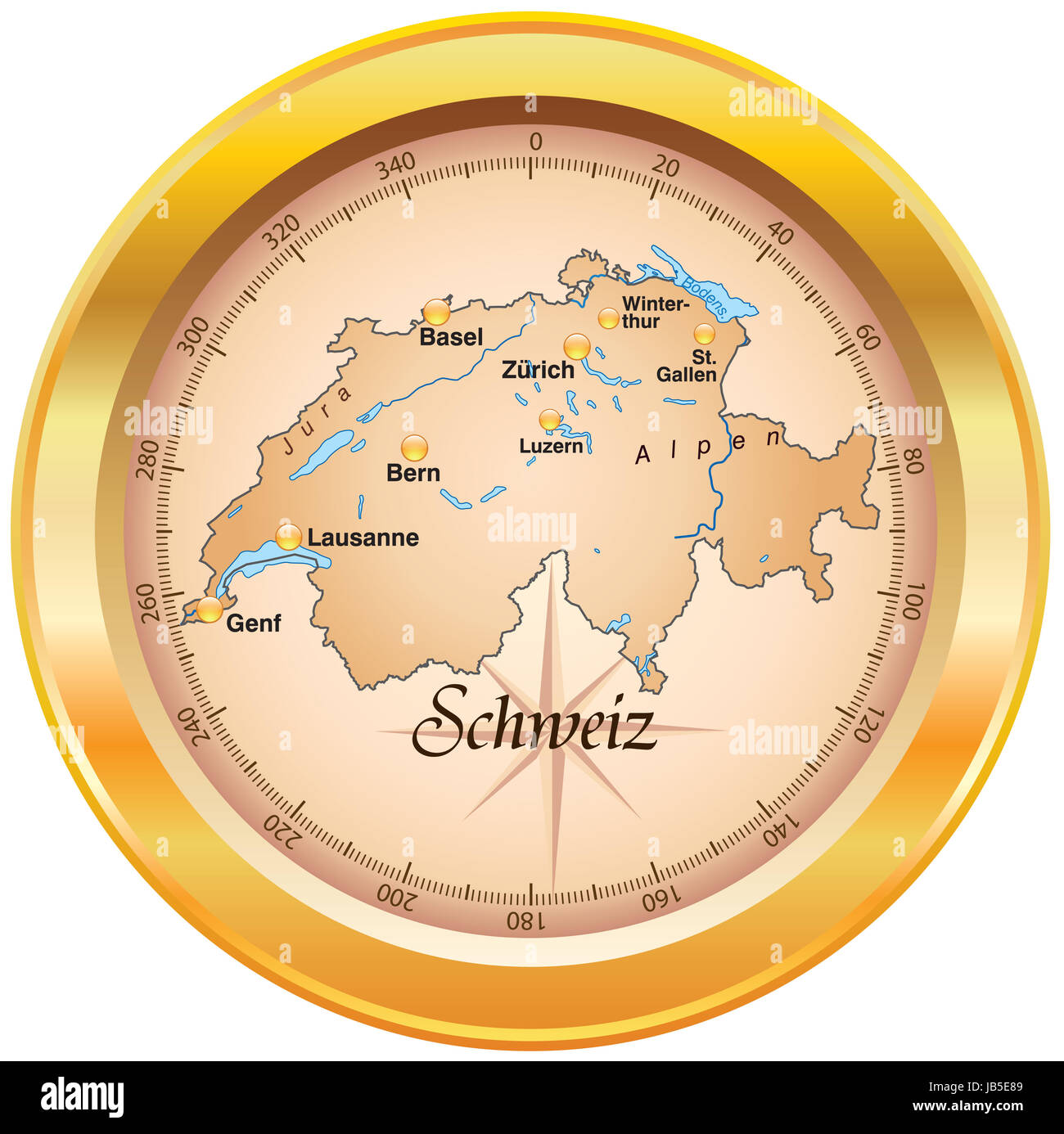 Die Karte ist in Einen Kompass Eingearbeitet Und Köhn Alle Wichtigen Topographischen Informationen.  Sterben Karte Kann Sofort Eingesetzt Werden Und ist Optimiert Für Den Druck Und Den Einsatz in digitalen Medien. Der Farbmodus ist RGB. Stockfoto