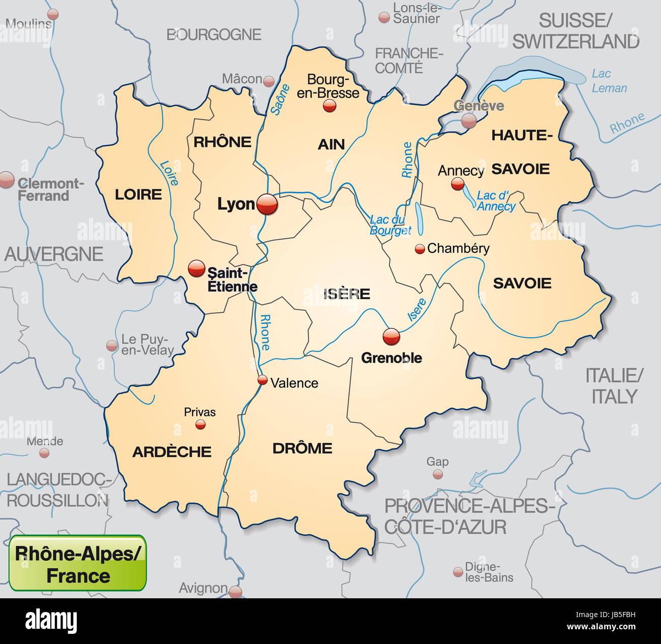 Rhône-Alpes in Frankreich als Umgebungskarte Mit Grenzen in Pastellorange. Sterben Sie Karte Kann Sofort Für Ihr Vorhaben Eingesetzt Werden. Stockfoto
