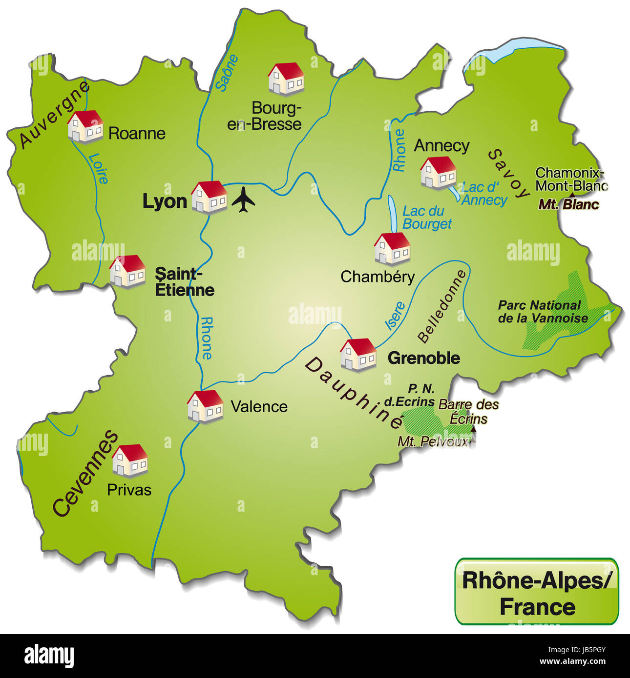 Rhône-Alpes in Frankreich als Inselkarte Mit Allen Wichtigen Topografischen Informationen. Diese Karte ist Besonders gut Geeignet Für Den Einsatz Im Internet. Sterben Sie Karte Kann Sofort Für Ihr Vorhaben Eingesetzt Werden. Stockfoto
