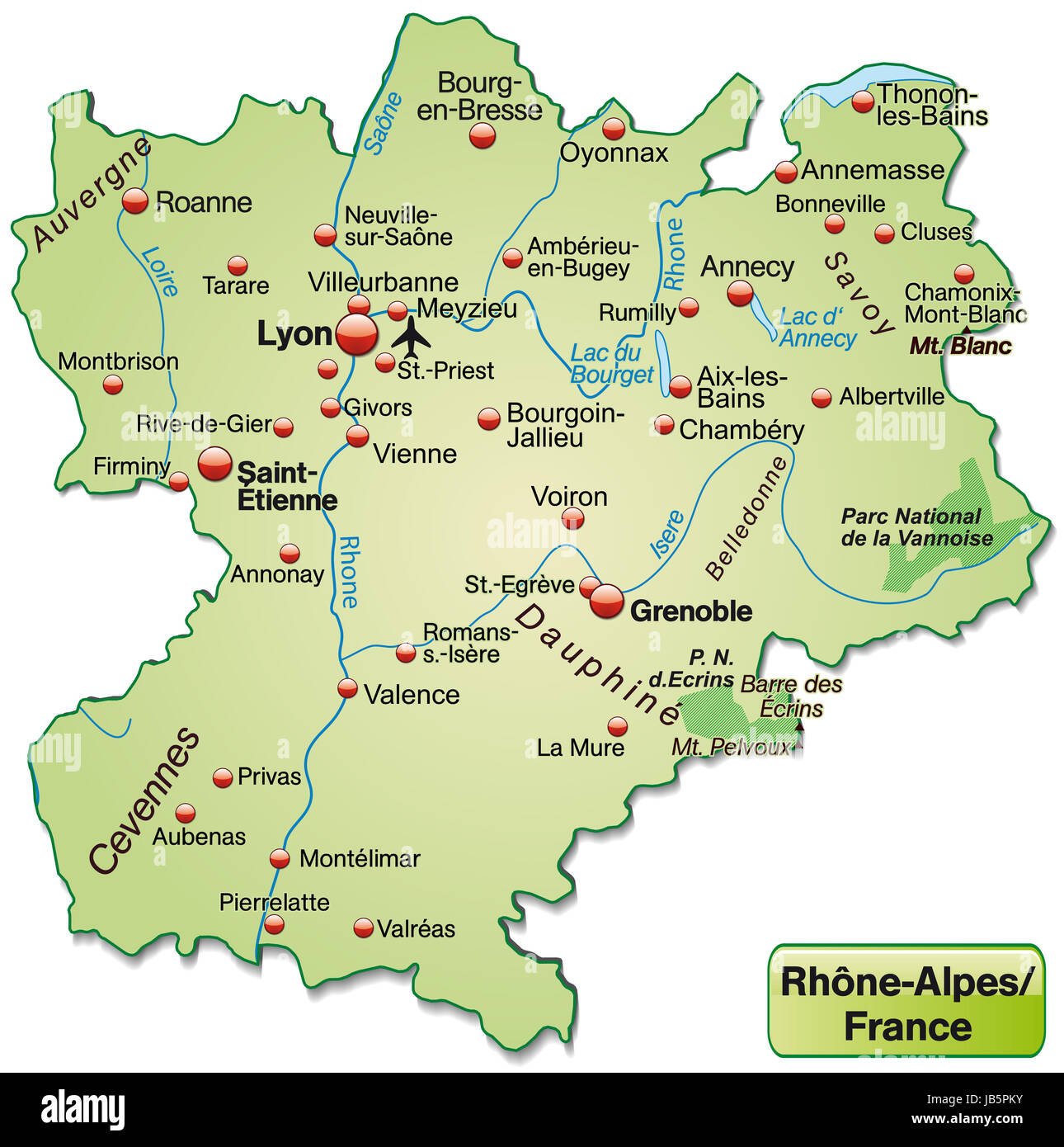 Rhône-Alpes in Frankreich als Inselkarte Mit Allen Wichtigen Topografischen Informationen in Pastellgrün. Sterben Sie Karte Kann Sofort Für Ihr Vorhaben Eingesetzt Werden. Stockfoto