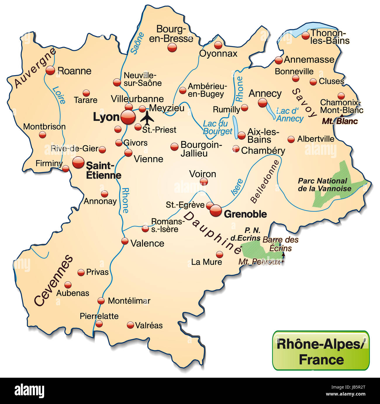 Rhône-Alpes in Frankreich als Inselkarte Mit Allen Wichtigen Topografischen Informationen in Pastellorange. Sterben Sie Karte Kann Sofort Für Ihr Vorhaben Eingesetzt Werden. Stockfoto