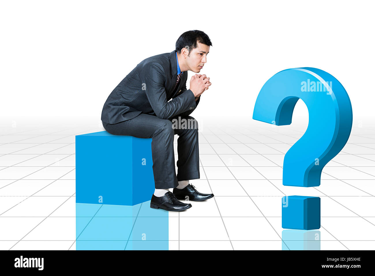 1 indischer Geschäftsmann sitzen Abbildung der Fragezeichen Denken Angst verwirren Stockfoto